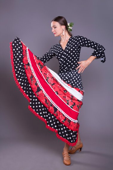 Falda Rociera Mujer Falda Flamenco Estampada De Flores Y Lunares